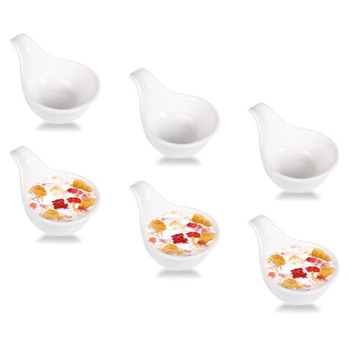 Large Porcelain Ramekins with Handle (Set of 6, 3oz), Souffle Baking Dish, Ceramic Dip Bowls Set, Appetizer Spoons for Condiment Soy Sauce Dish