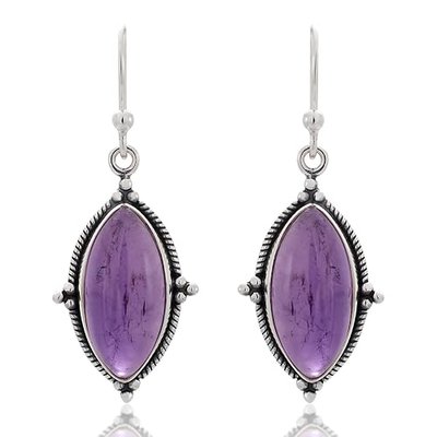 925 Sterling Silver Amethyst Gemstone Vintage Marquise Shape Rope Edge Dangle Hook Earrings 1.4"