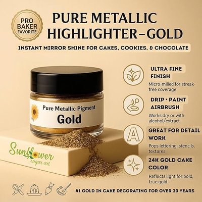 Sunflower Sugar Art 24k Gold Highlighter Dust Food Coloring - Pure Metallic Luxury Gold Baking Stuff for Cake Decoration, Fondant and Gumpaste - 6g High Shine, Non-Toxic Cake Accessories