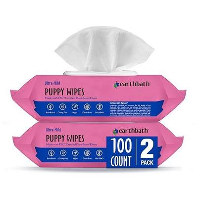 earthbath Ultra-Mild Wild Cherry Puppy Wipes, 100 Count (2 Pack) | Dog Wipes for Paws and Butt, Made in USA