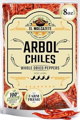 Dried Chile de Arbol Peppers 8oz Whole Hot Red Chili for Salsa & Cooking | Very spicy with smoky notes. For Mexican salsa roja, chili oil, soups & Asian stir fry. Stemless, all natural. Resealable.
