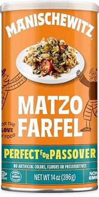 Manischewitz Matzo Farfel, 14oz Resealable Canister, Sodium Free, No Artificial Colors or Flavors, Non GMO, Kosher For Passover & Year Round