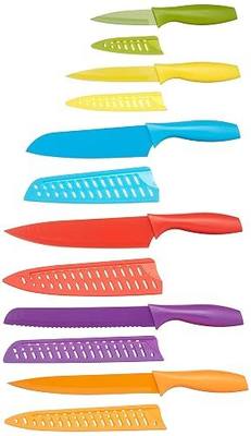 Amazon Basics Color-Coded Dishwasher Safe Kitchen Knife Set, 12-Piece with Ergonomic Handles, Non-stick Sharp Blades, 6 Knives with 6 Blade Guards, Multicolor, 13.88 x 4.13 x 1.38 inch