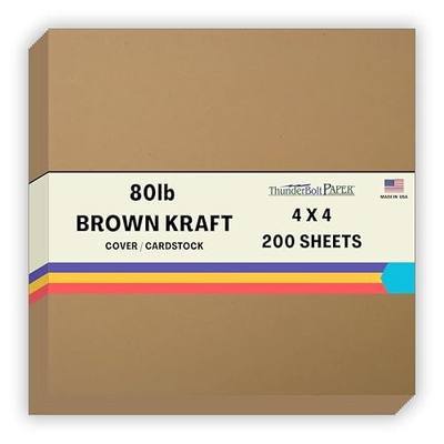 200 Brown Kraft Fiber 80# Cover Paper Sheets - 4" X 4" (4X4 Inches) Small Square Card Size - Rich Earthy Color with Natural Fibers - 80lb/Pound Cardstock - Smooth Finish