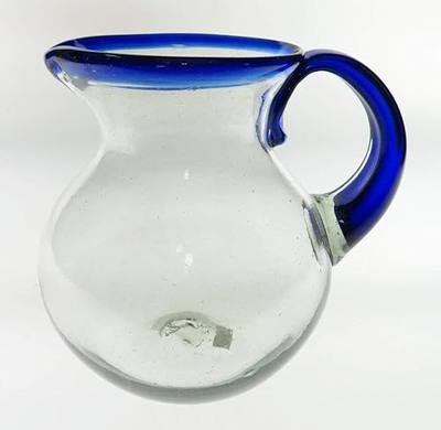 Margarita or Juice Pitcher, Blue Rim, Bola or Bowl Shape 2.5 Quarts