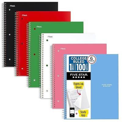 Five Star Spiral Notebook + Study App, 1 Subject, College Ruled Paper, 8.5" x 11", 100 Sheets, Assorted Colors, 6 Pack (38052)