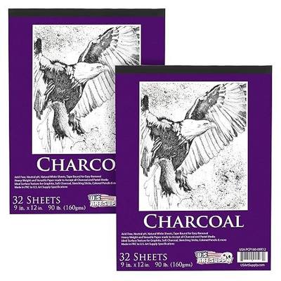 U.S. Art Supply 9" x 12" Premium Heavy-Weight Charcoal Sketchbook (2 Pack, 64 Sheets Total) - 90lb (160gsm) Sketch Book Pad for Charcoal, Pencil & Pastel Drawing
