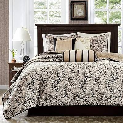 Madison Park Traditional Damask Jacquard Paisley Black King Quilt Set, 6pc | Lightweight Coverlet Bedspread Bedding Set, All Season, Machine Washable, Easy Care, Cozy, Breathable, Soft