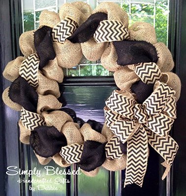 Black and Natural Chevron Burlap Wreath 22 inch for front door or accent - outdoor or indoor