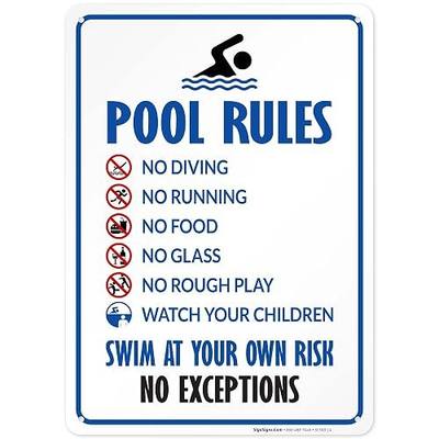 Pool Rules Sign, No Diving No Running No Food No Glass, | 10x14 Inches, Rust Free .040 Aluminum, Made in USA by Sigo Signs