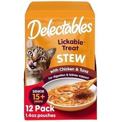 Delectables Lickable Treat Stew Senior 15+ Wet Cat Treat with Real Chicken & Tuna, Food Topper, Hydrating, Grain-Free, No Fillers, No By-Products, No Added Preservatives, 1.4oz Pouch, 12ct