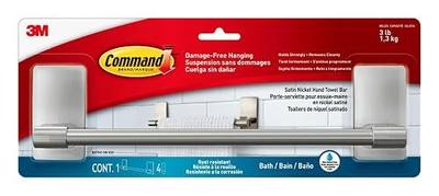 Command Hand Towel Bar Satin Nickel with 4 Water Resistant Command Strips, 9" Hand Towel Holder, Holds up to 3 lb, Great for Bathroom Décor on the Wall, Inside the Cabinet, or in the Shower