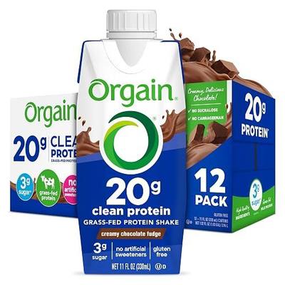 Orgain Grass Fed Clean Protein Shake, Creamy Chocolate Fudge - 20g of Protein, Meal Replacement, Ready to Drink, Gluten Free, Soy Free, Kosher, Packaging May Vary, 11 Fl Oz (Pack of 12)