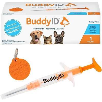 BuddyID ISO Pet Mini Microchip with Pre-Paid Lifetime Registration and Starter Tag, Universally Scannable, Sterile Syringe, Anti-Migration Coating, Parylene Sealer, For Dogs, Cats and Animals, 1-Count