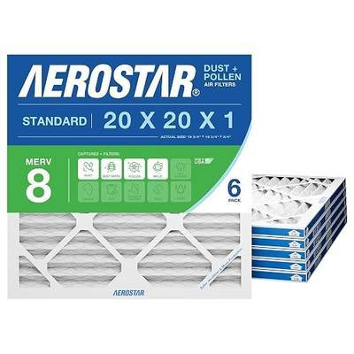 Aerostar 20x20x1 MERV 8 Air Filter, 6 Count, ACTUAL SIZE (19.75 x 19.75 x 0.75), HVAC, Air Conditioning & Furnace Filter Captures Dust, Lint & Pollen (MPR 600 / FPR 5), Made in USA