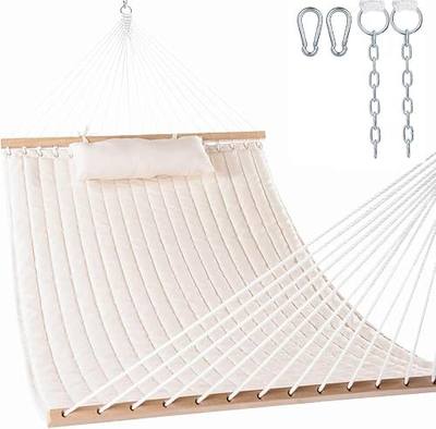 Lazy Daze Hammocks 12 FT Double Quilted Fabric Hammock with Spreader Bar and Detachable Pillow, 2 Person Hammock for Outdoor Patio Backyard Poolside, 450lbs Weight Capacity, Natural