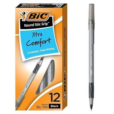 BIC Round Stic Grip Xtra Comfort Black Ballpoint Pens, Medium Point (1.2mm), 12-Count Pack, Perfect Writing Pens With Soft Grip for Superb Comfort and Control