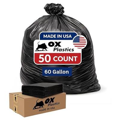 Ox Plastics Trash Can Liners Bags - 60 Gallon Capacity & 3mil Thick Extra Heavy Duty Strength - 50 Large Garbage, Leak-Proof & Durable, House & Commercial Use Bags Black