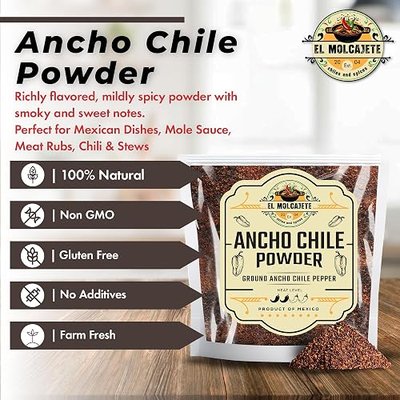 Ancho Chile Powder 4oz Ground Mild Dried Poblano Chili Pepper Mexican | Smoky sweet heat for mole, enchiladas, tacos, salsa, adobo & dry rubs. Single ingredient spice, no fillers. Resealable bag.