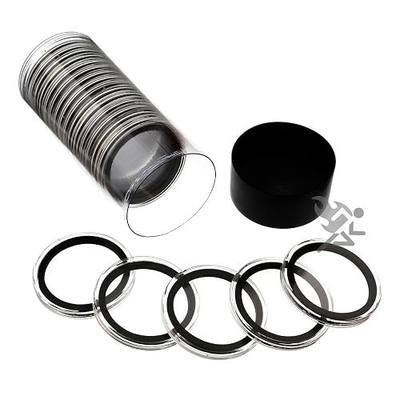 OnFireGuy 20 Air-Tite 40mm Black Ring Coin Capsules & Black Lid Capsule Tube | Coin Holders for 1 oz Silver Eagles with Plastic Storage Tube Combo