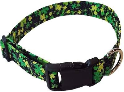 Shamrock Dog Collar - Green Gold St. Patrick's Day Saint Patty Fabric Adjustable Irish Lucky Puppy Black Glitter (L- Large)