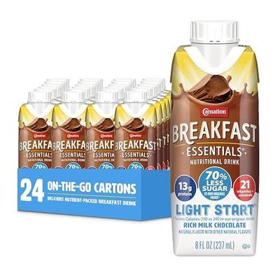Carnation Breakfast Essentials Light Start Nutritional Drink, 13g Protein Ready-to-Drink, 70% Less Sugar, Immune Support, Vitamins, Gluten Free, Chocolate, 8 FL OZ Carton (24 Pack)