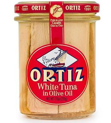Ortiz White Tuna in Olive Oil, Fresh and Tender, Spanish Wild Caught, High in Protein and Omega 3 Fats, Excellent in Salad, Pasta or Sandwiches - No Need to Add Mayo, 7.76oz Glass Jar