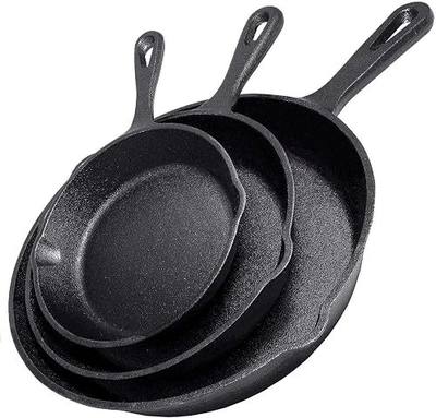 Cast Iron Skillet 3-Piece Set w/Cookbook - Heavy-Duty Professional Restaurant Chef Quality Pre-Seasoned Pan Cookware - 10", 8", 6.25" Pans - For Frying, Saute, Cooking, Pizza - Black
