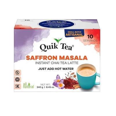 QuikTea Instant Saffron Masala Chai Tea Latte Mix, 10 Single Serve Sachets | Instant Indian Chai Powder, Just Add Hot Water, Low Caffeine, Non GMO, Gluten Free, Milk & Sugar Included, Hot Or Iced