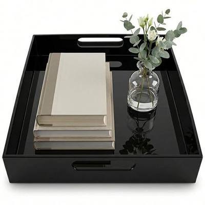 Black Large Acrylic Serving Tray 20x12, Waterproof Modern Coffee Table Tray with Handles, Decorative Rectangle Acrylic Organizers for Living Room, Bar Cart, Bathroom Decor & Vanity Desk Decor