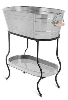 BirdRock Home Stainless Steel Beverage Tub with Stand - Oval - Bottom Tray - Party Drink Holder - Wooden Handles - Outdoor or Indoor Use - Free Standing | Stainless Steel Ice Bucket with Wooden Handles and Bottom Tray, Drink Tub for Indoor or Outdoor Entertaining, Parties, Events