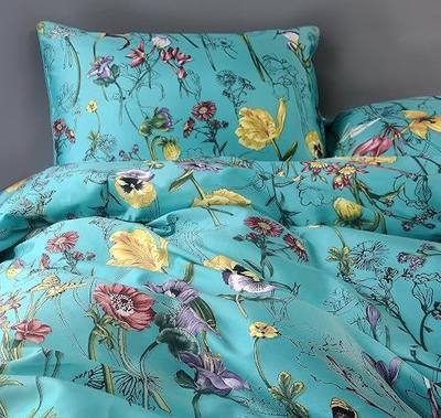 Eikei Vintage Botanical Flower Print Bedding 400tc Cotton Sateen Romantic Floral Scarf Duvet Cover 3pc Set Colorful Antique Drawing of Summer Lilies Daisy Blossoms (Queen, Blue)