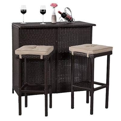 Cloud Mountain Patio Wicker Bar Set 3 Piece Brown Rattan Bar Table & Stools Easy Assembly Bar Height Cushions Stools Patiol Lawn Garden Yard Balcony Poolside with Comfortable Cushions (Light Brown)
