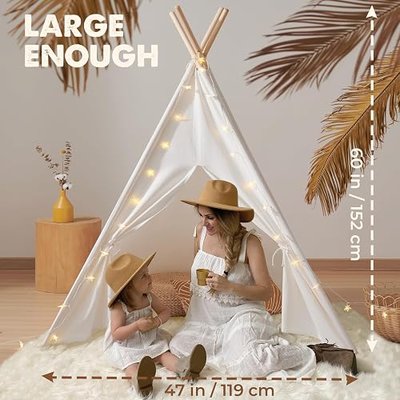 Tiny Land 100% Cotton Canvas Teepee Tent for Kids with Mat & Star Lights | 47" × 47" × 60", Soft & Breathable Cotton Canvas, Mat & Star Lights, Indoor Play, Carry Bag, Gift for Girls & Boys Ages 3+