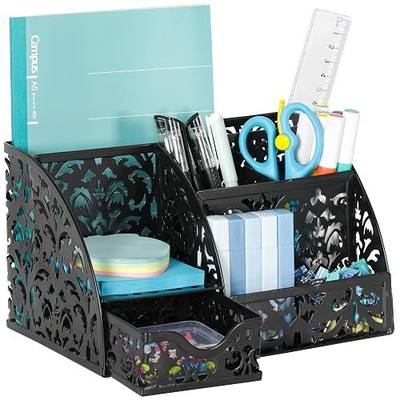 EasyPAG Desk Organizer and Pen Holder for Desk, Mesh Office Supplies Storage Caddy with Drawer for Small Space, Desktop Organizer for Home Office, Black