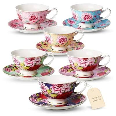 BTaT- Floral Tea Cups and Saucers, 8 oz, Set of 6 | Fine Porcelain Teacup Set with Gold Trim for Afternoon Tea Weddings Parties Gifting Dishwasher Safe Lightweight Non Toxic