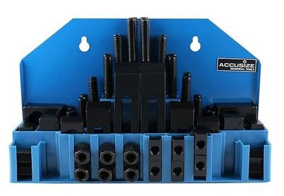 Accusize Industrial Tools Deluxe Steel Clamping Kit, 5/8" Table Slot | 58 Pc, Stud 1/2"-13, S45C Steel, Black Oxide, HRC32±5, Wall Holder, for Bridgeport Milling Tables, 4230-2626