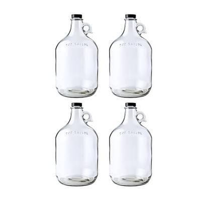 1 Gallon Glass Jug 4 Pack with Polyseal Caps | 128 oz | Laundry container | Clear Glass Jugs with Lids 1 Gallon for water, juice, syrups and household storage | with sturdy handles and reusable design