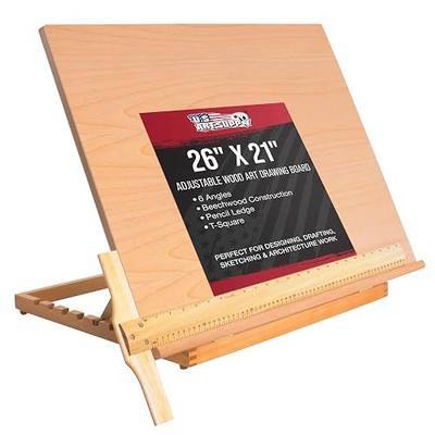 U.S. Art Supply X-Large 26" x 21" Wooden Drawing Board, Adjustable Table Top Easel for Painting and Drawing - Drafting Board with T-Square, Pencil Ledge