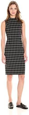 Women's Sleeveless Mock Neck Windowpane Check Sheath Dress