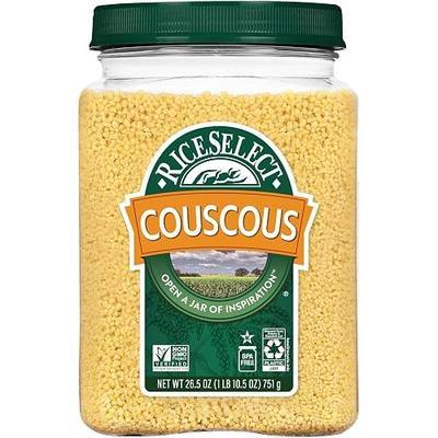 RiceSelect Couscous, Moroccan-Style Couscous Wheat Pasta | Tiny semolina pasta beads, ready in minutes, non-GMO, kosher, ideal for North African cuisine, 26.5-ounce jar