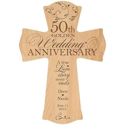 LifeSong Milestones Personalized 50th Wedding Anniversary Wood Wall Cross Gift for Couple 50 year Gifts Anniversary for Her Him A True Love Story Never Ends (8.5" x 11", Maple)