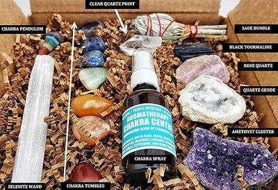 Premium Healing Crystals Full Gift Set/Includes 7 Chakra tumbles, Crystal Pendulum, Amethyst Cluster, Raw Rose Quartz, and Crystal Point/Bohemian Meditation Kit