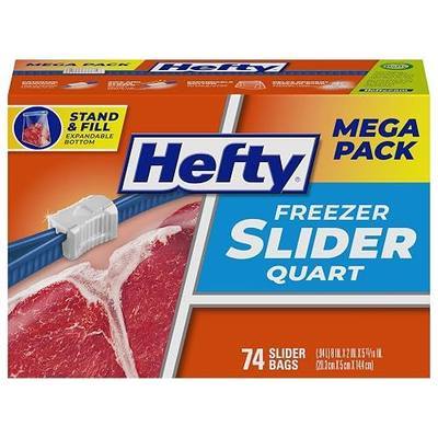 Hefty Slider Quart Freezer Bags, 74 Count, Quart Slider Bags for Freezer, Holds Individual Leftovers, Sliced Fruits and Veggies, and More, Writable Label, Secure Zip and Click Closure