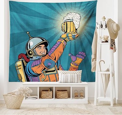 Ambesonne Astronaut Tapestry, Colorful Astronaut Holding Beer Thirsty for Beer Long Voyage Retro Style Drawing, Wide Wall Hanging for Bedroom Living Room Dorm, 60" X 40", Cadet Blue