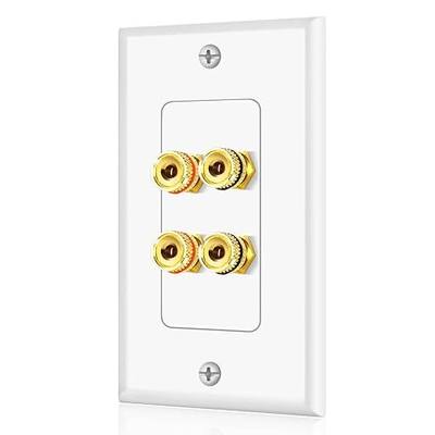 TNP Speaker Wall Plate for 1 Speaker, Banana Plug, Single Gang, White | Speaker wire wall outlet with gold-plated binding posts for spades or bare wire; for home theater and surround sound setups