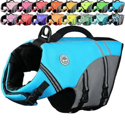 VIVAGLORY Dog Life Vest Sports Style Dog Swim Vest, L, Blue | Lifejacket with Leash Ring & Handle for Swimming & Boating, Reflective Adjustable for Puppy Doggy Cat