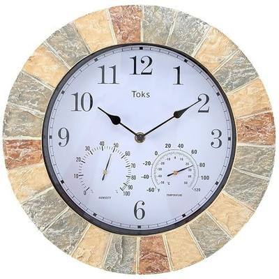 Lily's Home 13 Inch Hanging Wall Clock, Includes a Thermometer and Hygrometer and is Ideal for Indoor and Outdoor Use, Wonderful Housewarming Gift for Friends, Faux-Stone