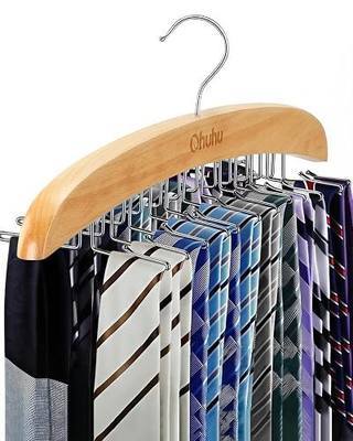 Ohuhu 24-Hook Wooden Tie Rack Organizer for Closet – Space Saving Hanger with 360° Rotating Anti-Slip Clips, Holds 24 Ties Securely Without Wrinkles – Premium Hardwood & Rustproof Steel