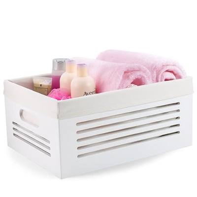 Large Wooden Crate for Storage - Decorative Wood Storage Boxes for Home Books Clothes Toys, This wood crate box / Basket / Bin Organizer is Lined with Machine Washable Soft Linen Fabric - White, Large